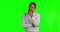 Confused, black man and thinking of ideas on green screen, chroma key and vision on mockup studio space. Male model