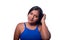 Confused black woman scratches her head. Black skinned latin woman with mullet hair, isolated on white background.