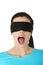 Confused blindfolded woman