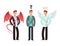 Confused businessman with angel and devil over shoulders. Choose vector concept