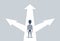 Confused businessman standing at a crossroads , businessman standing in front of arrows as symbol for choice, career