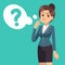 Confused businesswoman. Thinking girl and cloud with questions mark. Business vector concept