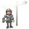 Confused cartoon medieval knight in armour looks at the blank signpost for directions, 3d illustration