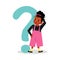 Confused child girl next to question mark, flat vector illustration isolated.n.