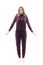 Confused cute young woman in home wear burgundy sweatsuit looking down and shrug shoulders.