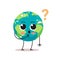 confused earth character with question mark cartoon mascot globe personage trouble problem stress save planet concept