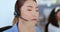 Confused, frustrated and call center woman consulting customer with unhappy, moody and annoyed face zoom. Customer