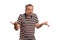 Confused male model shrugging wearing casual striped  tshirt