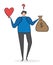 Confused man holding heart and a sack of money