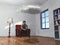 Confused man sits on armchair in a room with a cloud inside