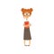 Confused nerd girl standing with book in hands. Cartoon female character with brown hair in glasses, blouse and long