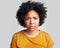 Confused, portrait and woman in studio, pensive and unsure against a grey background. Doubt, annoyed and face of African