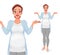 Confused pregnant woman shrugging shoulders. Isolated vector illustration.