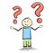 Confused stickman character making shrug gesture with question marks