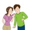 Confused, surprised and unhappy young couple looking at the positive pregnancy test - original hand drawn illustration