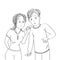 Confused, surprised and unhappy young couple looking at the positive pregnancy test - original hand drawn illustration