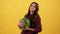 confused teen girl taking heavy water melon, watermelon