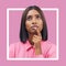 Confused, thinking and woman in studio on mockup, space and advertising on pink background. Unsure, doubt and indian