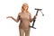 Confused woman holding a manual tire pump