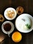 Congee, rice porridge, chinese cruller with coffee and tea