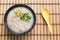 Congee, Rice porridge, Rice gruel, Rice soup on wooden background, Top view