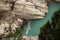 Congost de Mont Rebei, mountain gorge with azure river and canoe, kayaking in Aragon, Catalonia, Spain