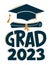 Congrats Graduates. Grad 2023. Greeting sign with academic cap and diploma. Congratulating vector banner for graduation party,