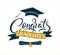 Congrats Graduates. Greeting lettering sign with academic cap and diploma. Congratulating vector banner for graduation party,