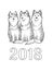 Congratulation card with Three Funny Husky dogs, number 2018. Symbol of New Year. Engraving colorful hand drawing sketch