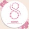 Congratulation round typography banner 8 March International Women`s Day, hand drawn painting pink sakura