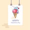 Congratulation Valentine`s Day. Banner or poster. Ice cream in a waffle cup. Heart and romantic dessert. A gift, a postcard or a