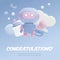 Congratulations Baby shower 3d vector poster, cute render cartoon blue boy newborn design, robot toy, bottle pacifier