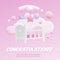 Congratulations Baby shower 3d vector poster, cute render cartoon pink girl newborn design, bear toy bottle pacifier