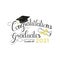 Congratulations graduated vector illustration with graduation cap, diploma scroll and lettering. Class of 2021 hand drawn logo or