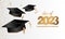 Congratulations graduation. Class of 2023. Graduation cap and confetti and balloons. Congratulatory banner in blue. Academy of