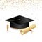 Congratulations graduation. Class of 2023. Graduation cap and confetti and balloons. Congratulatory banner in blue. Academy of