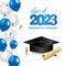 Congratulations graduation. Class of 2023. Graduation cap and confetti and balloons. Congratulatory banner in blue. Academy of