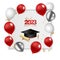 Congratulations graduation. Class of 2023. Graduation cap and confetti and balloons. Congratulatory banner in blue. Academy of