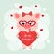 Congratulations on Valentine s Day. A cute pig with a bow and wearing glasses stands and holds in her paws a heart with