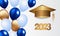 Congratulations on your graduation from school. Class of 2023. Graduation cap, confetti and balloons. Congratulatory banner.