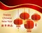 Congratulatory banner with Chinese lanterns on a red and gold background. Happy chinese new year. Illustration, postcard