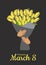 Congratulatory spring card. Bouquet of yellow tulips in kraft gray paper with a bow in hands for printing on cups, clothes, notebo