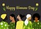 Congratulatory spring card Happy Women`s Day. Postcard template in green, yellow and gray colors with women of different nationali