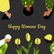 Congratulatory spring card Happy Women`s Day. Postcard template in green, yellow and gray colors with women of different nationali