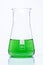 Conical temperature resistant flask with green liquid