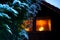 Conifer covered with a little snow in front of the intentionally blurred single-family house with warmly lit first-floor window