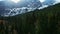 Coniferous forest at sunset against the backdrop of steep cliffs with snow