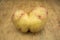 Conjoined potato on a wooden kitchen table with copy space