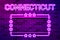 Connecticut US State glowing purple neon lettering and a rectangular frame with stars