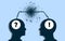 Connection between two person`s thoughts with question mark and explanation point on their brain. shock and explosive reaction. C